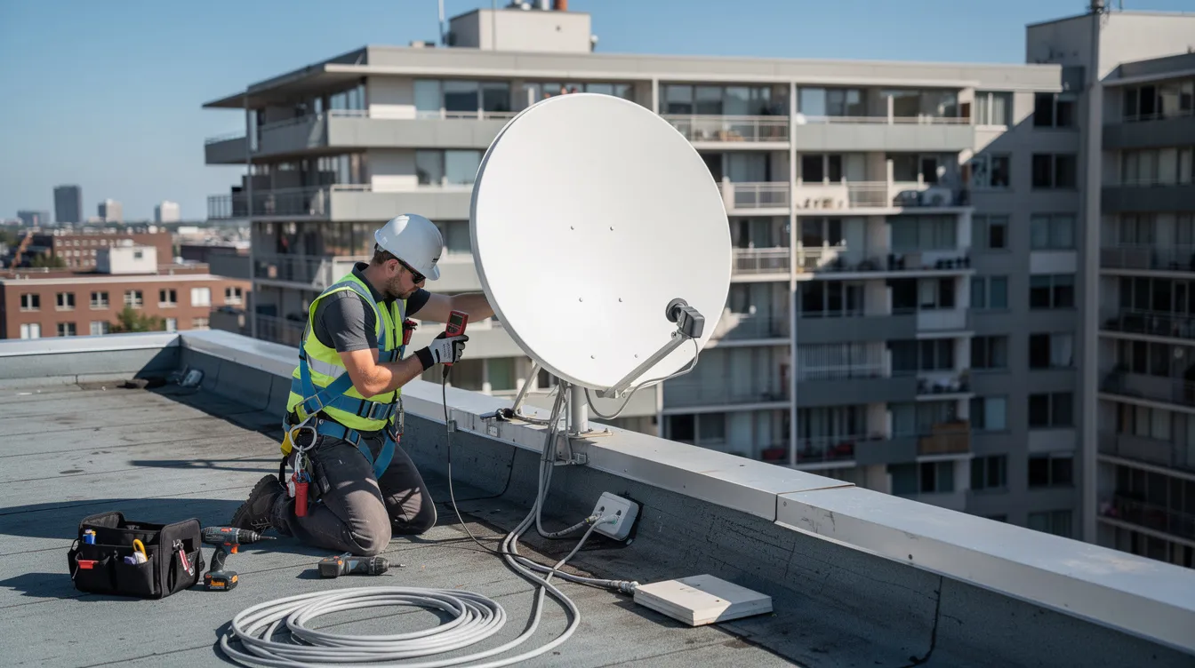 A skilled technician is seen installing a satellite dish on the roof of a multi-storey residential building, ensuring secure dish mounting for optimal signal reception. This professional DSTV installation service aims to provide uninterrupted entertainment for residents in Bakoven.