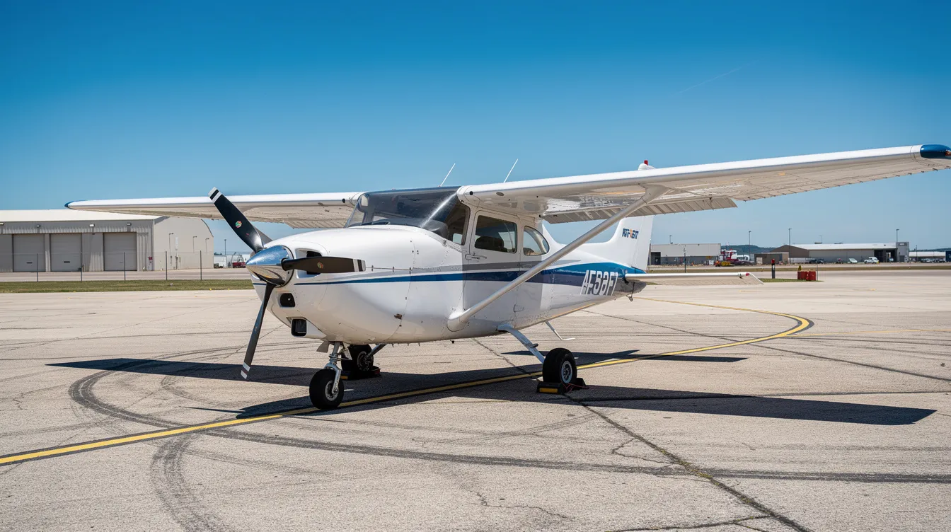 A small single-engine training aircraft is parked on a sunny airport ramp beneath a clear blue sky, symbolizing an ideal setting for aspiring pilots to begin their flying careers. This scene reflects the essential flight training environment where student pilots gain valuable flight hours and experience, preparing them for future roles as commercial or airline transport pilots.