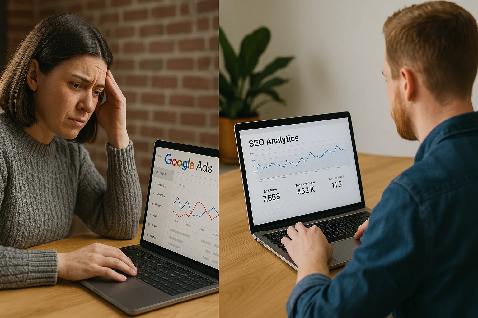 Manchester small business owners comparing SEO and PPC strategies on their laptops.