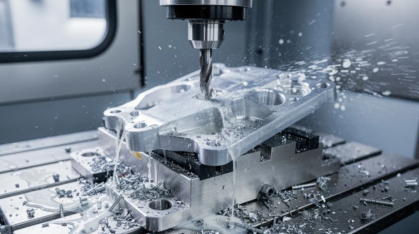 A close-up view of a modern five-axis CNC machining center is shown as it cuts an aluminum aerospace bracket, with visible metal chips and coolant, highlighting the precision machining capabilities of CNC technology in the manufacturing industry. The image captures the intricate details of the machining process, showcasing the advanced cutting tools and the machine's multi-axis functionality.