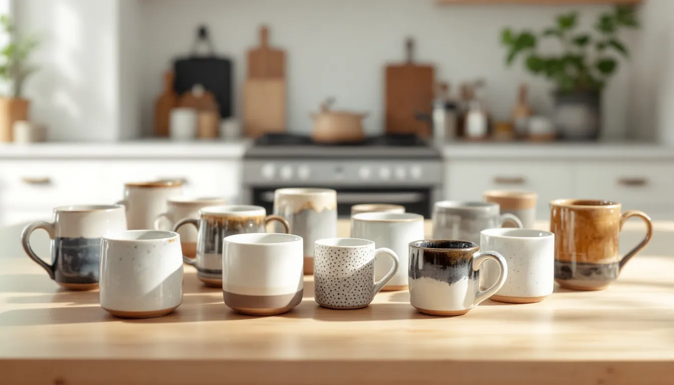 Na zdjęciu znajdują się różne kubki ceramiczne o różnych grubościach ścianek, ustawione na tle nowoczesnej kuchni. Każdy kubek ma unikalny kształt i kolor, idealny do serwowania ulubionej kawy lub herbaty.