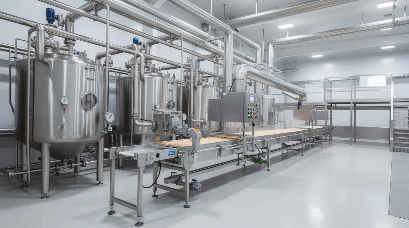 2cb99aeb 342f 448e bf6c e356cdb058a3 The image depicts the interior of an industrial food processing facility, featuring large stainless steel tanks and extensive piping systems used for protein extraction, particularly focusing on pulse proteins like pea and mung bean protein isolates. Conveyor systems are visible, indicating the efficient processing of plant-based proteins for various food applications.
