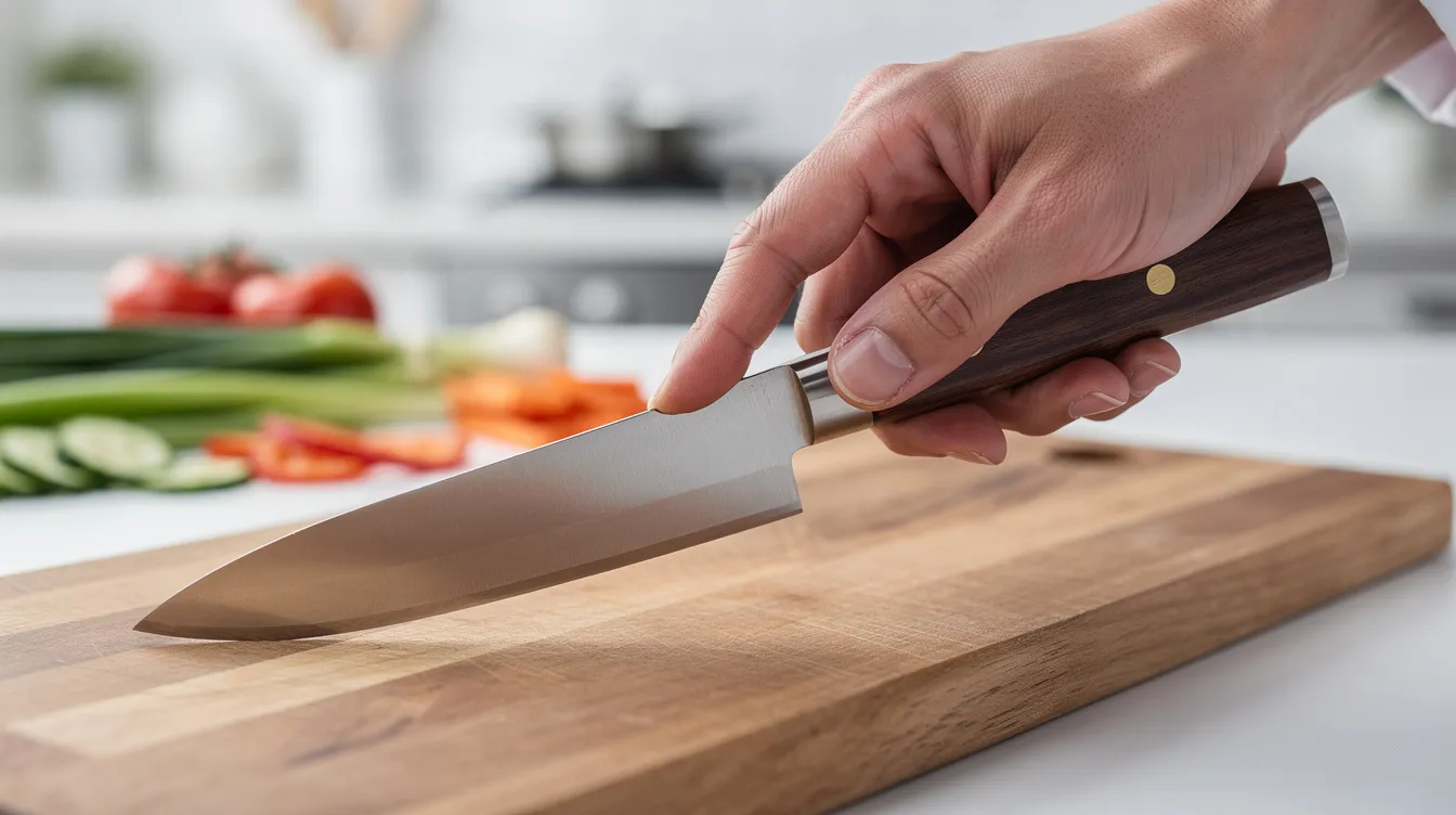 A chef's hand is demonstrating a proper pinch grip on the handle of a Japanese kitchen knife, showcasing the technique essential for effective knife skills. The image emphasizes the importance of grip for achieving exceptional sharpness and precision when using traditional Japanese knives, such as the santoku knife or gyuto knife.