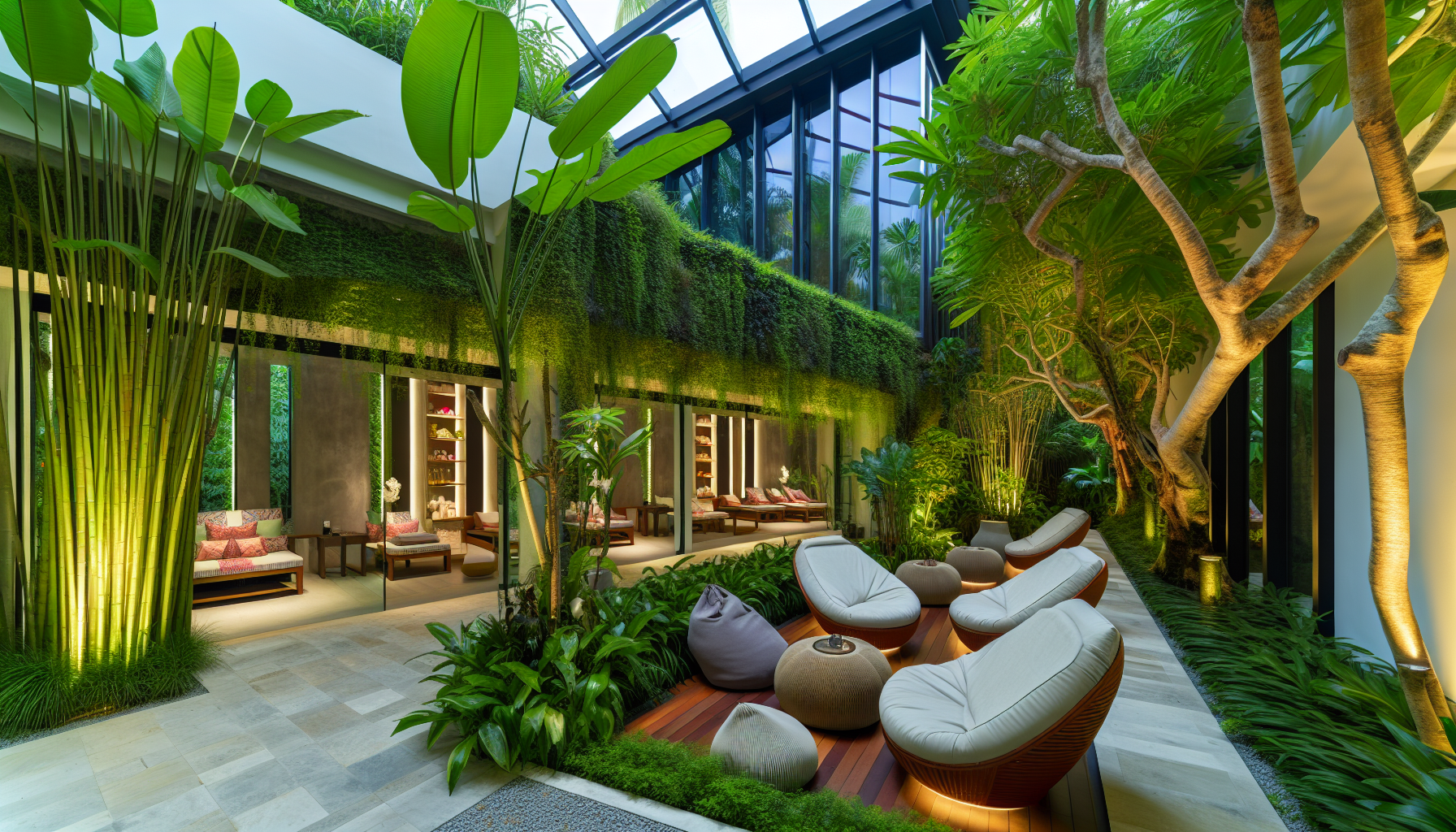 Tranquil spa with lush greenery and relaxation area