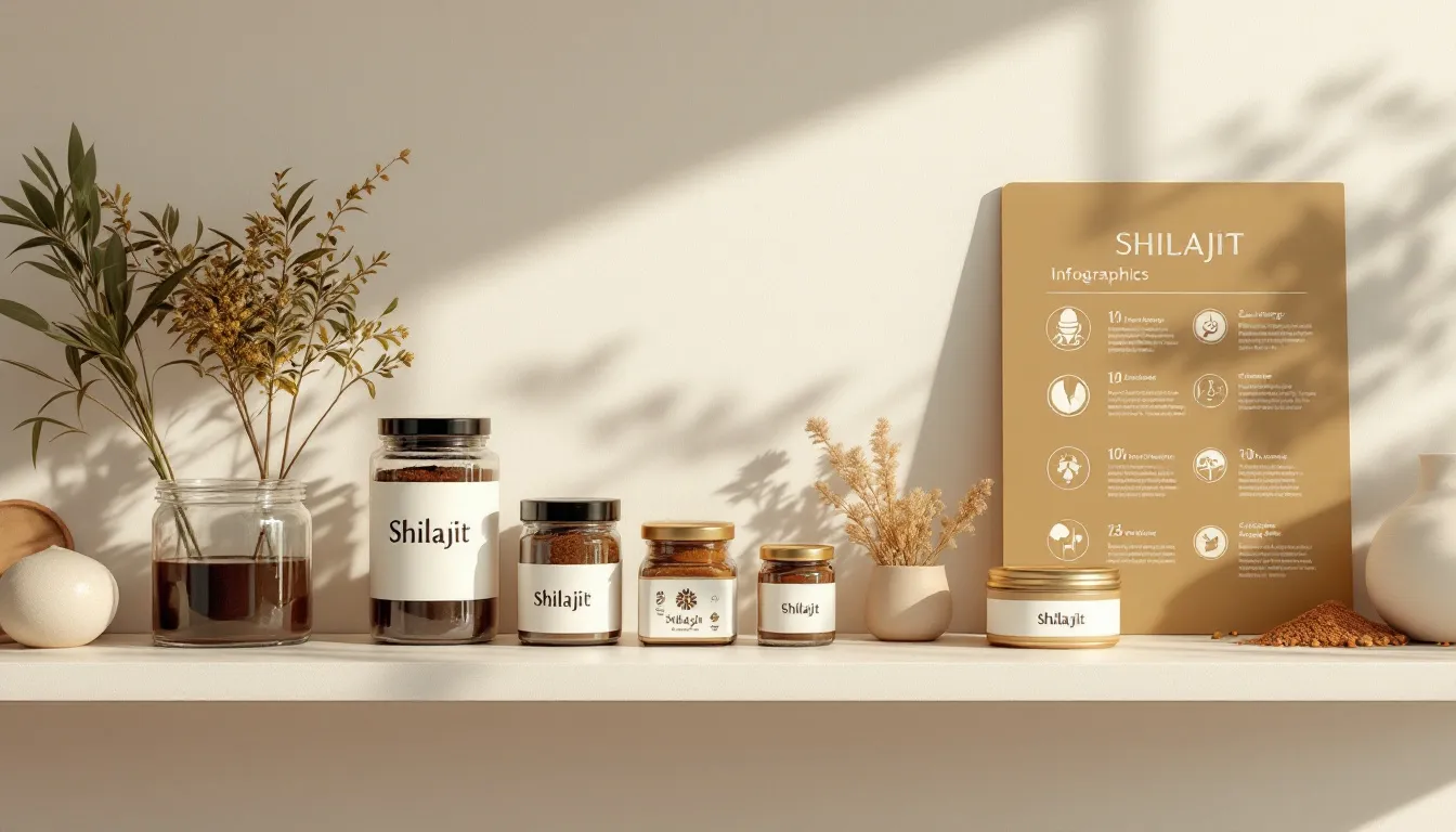 A selection of shilajit products on a shelf, showcasing different forms and packaging.
