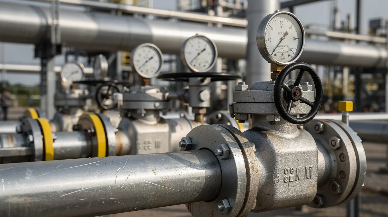 The image shows a close-up view of industrial pipeline valves and gauges at a natural gas processing facility, highlighting the intricate details of the gas industry infrastructure. This setting is crucial for oil and gas operations, where precise measurements and controls are essential for managing natural gas assets.