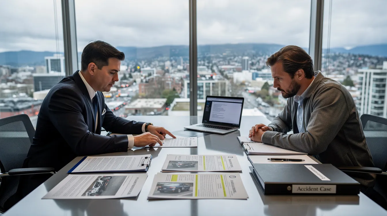 A serious consultation takes place in a modern Seattle law office, where a car accident lawyer reviews documents with a client at a conference table; visible items include a police report, accident photos, and medical records, all under natural window lighting. This realistic scene captures the legal process involved in handling car accident cases, emphasizing the importance of quality legal representation for personal injury claims.