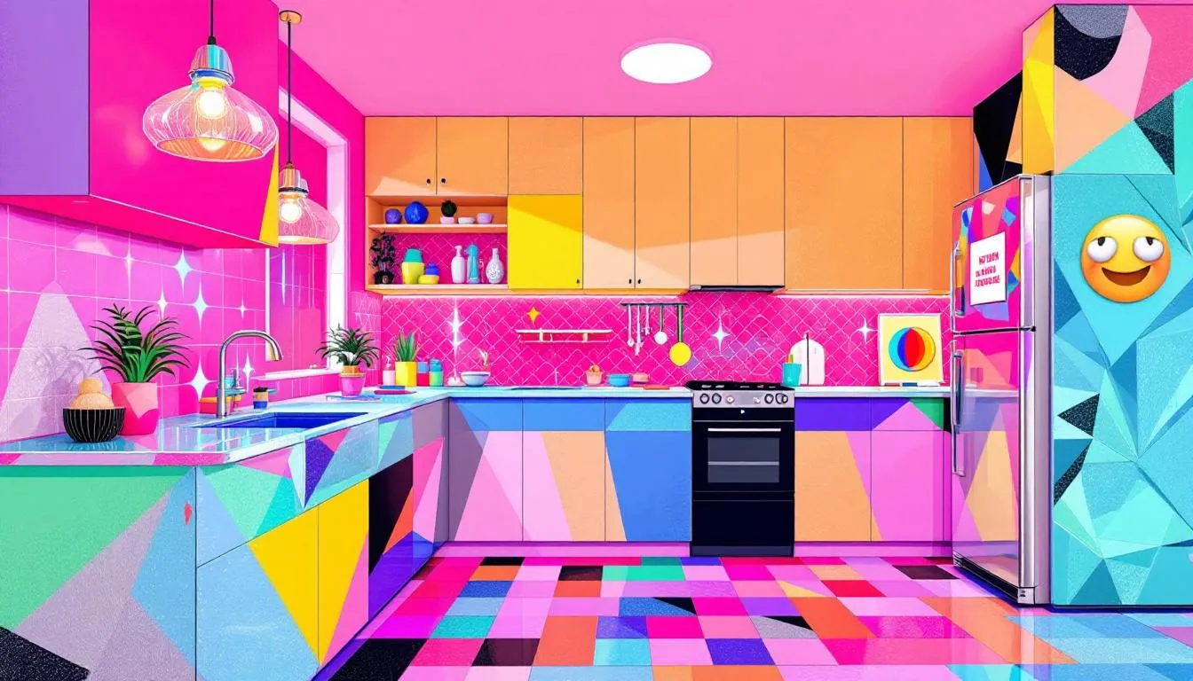A kitchen showcasing various trendy design elements, representing fleeting trends in kitchen design.