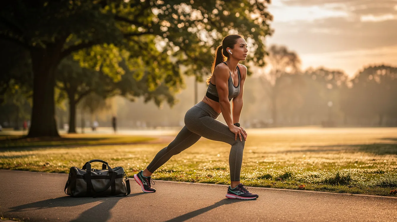 The image shows a person in athletic clothing stretching outdoors in the morning sunlight, with a gym bag placed nearby. This scene captures the essence of a healthy lifestyle, which can be supported by functional mushrooms like lion's mane and turkey tail for cognitive support and overall wellness.