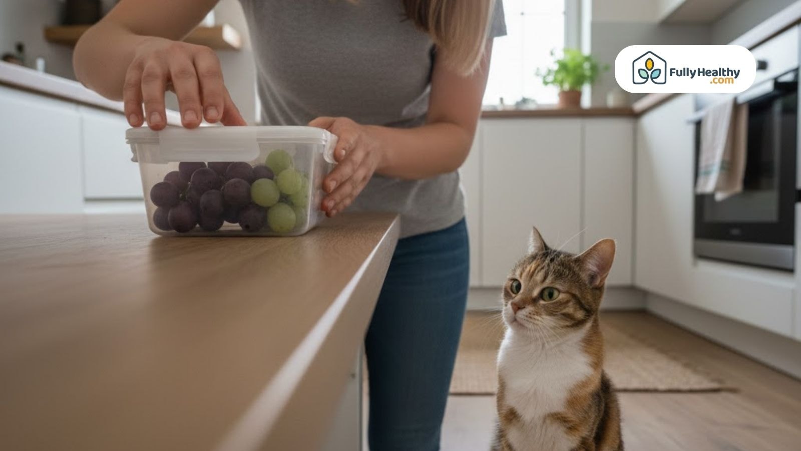 Cat watching as a person places grapes in a container on a kitchen counter,.