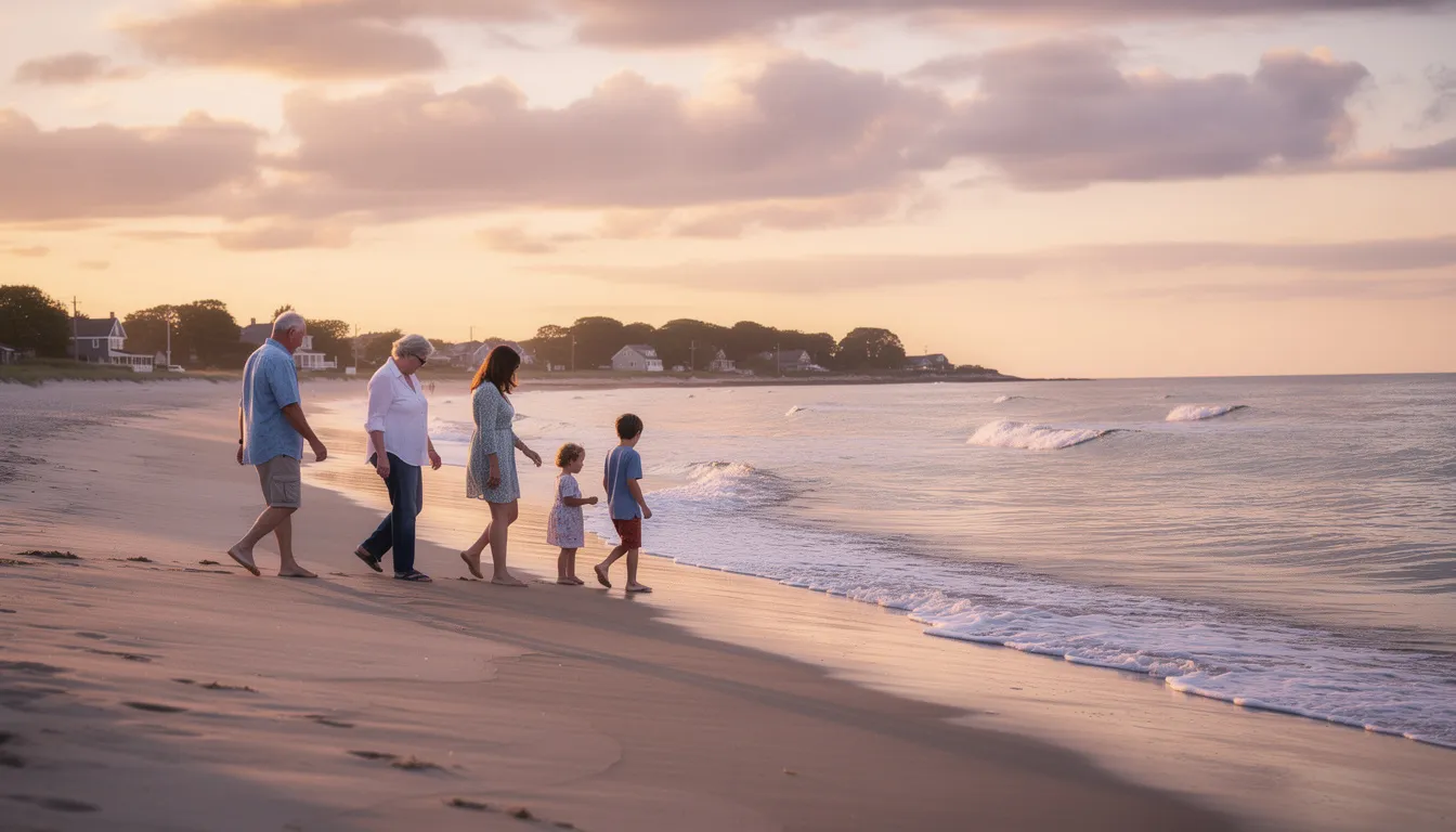 A family strolls along a sandy beach at sunset on the Connecticut shoreline, with the warm glow of the sun reflecting on the water of Long Island Sound. This picturesque scene captures the essence of waterfront living and the joy of family moments by the coast.