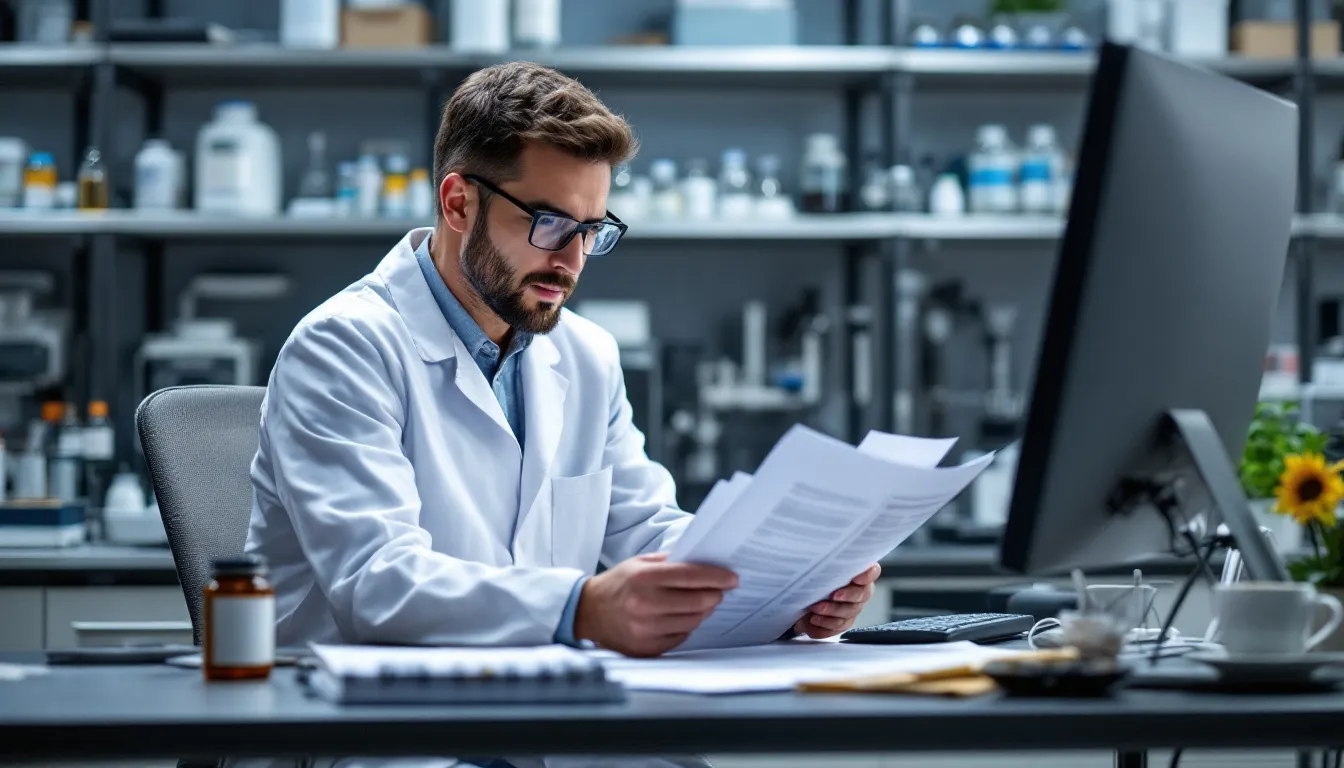 A research scientist is focused on examining studies related to joint supplements in a laboratory setting, surrounded by various scientific equipment. The scene highlights the importance of dietary supplements like glucosamine and chondroitin in potentially alleviating arthritis symptoms and joint pain.