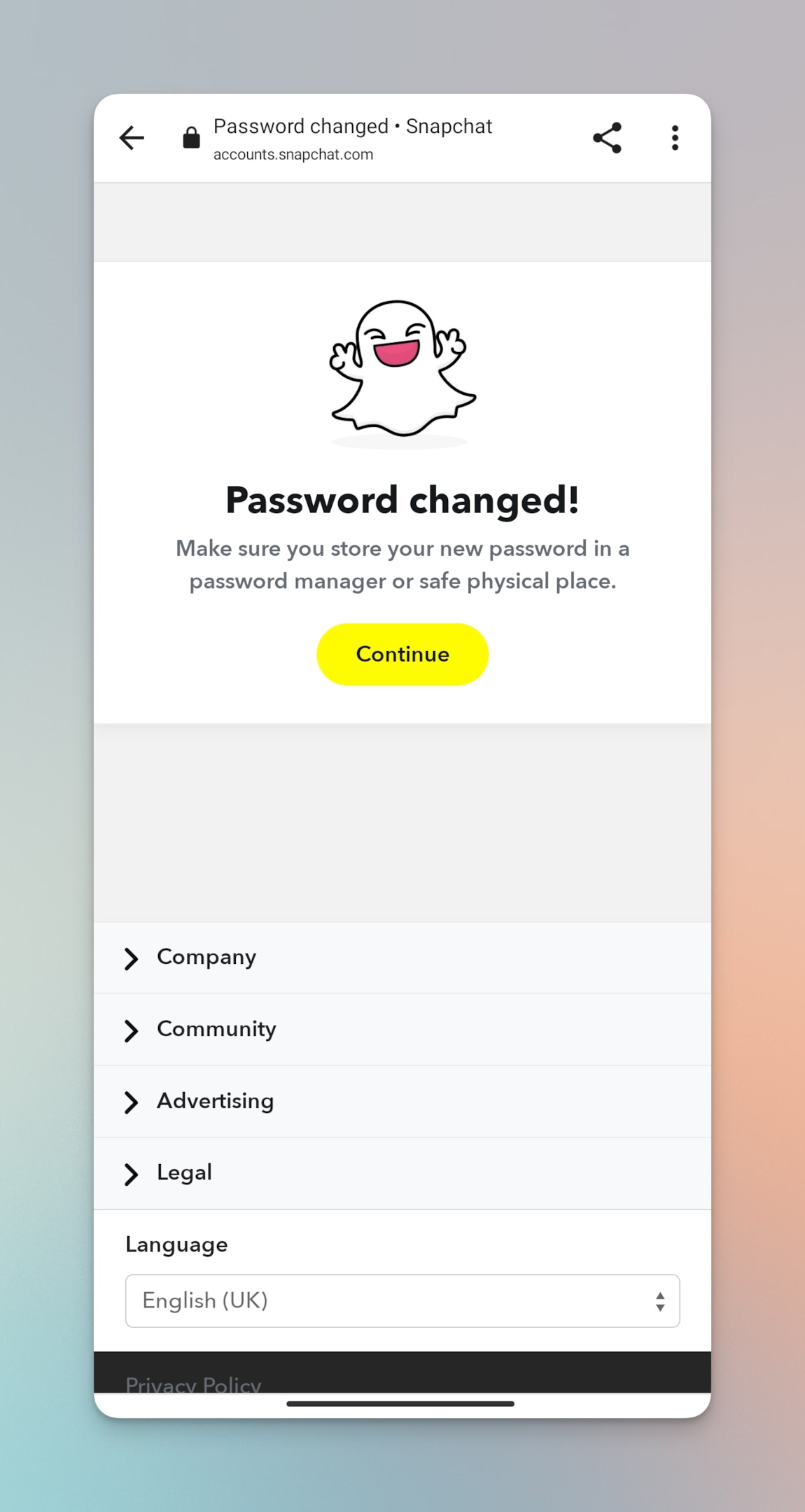 Remote.tools shows a successful password changed screen by Snapchat after resetting the Snapchat password.