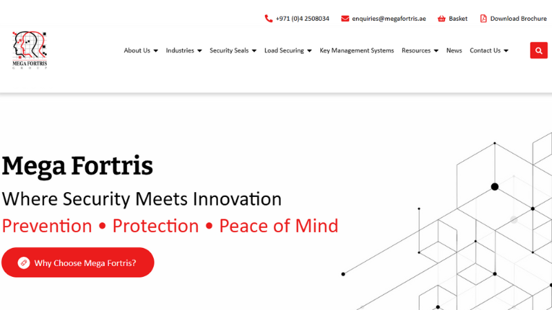 Homepage of Mega Fortris featuring security messaging and geometric design