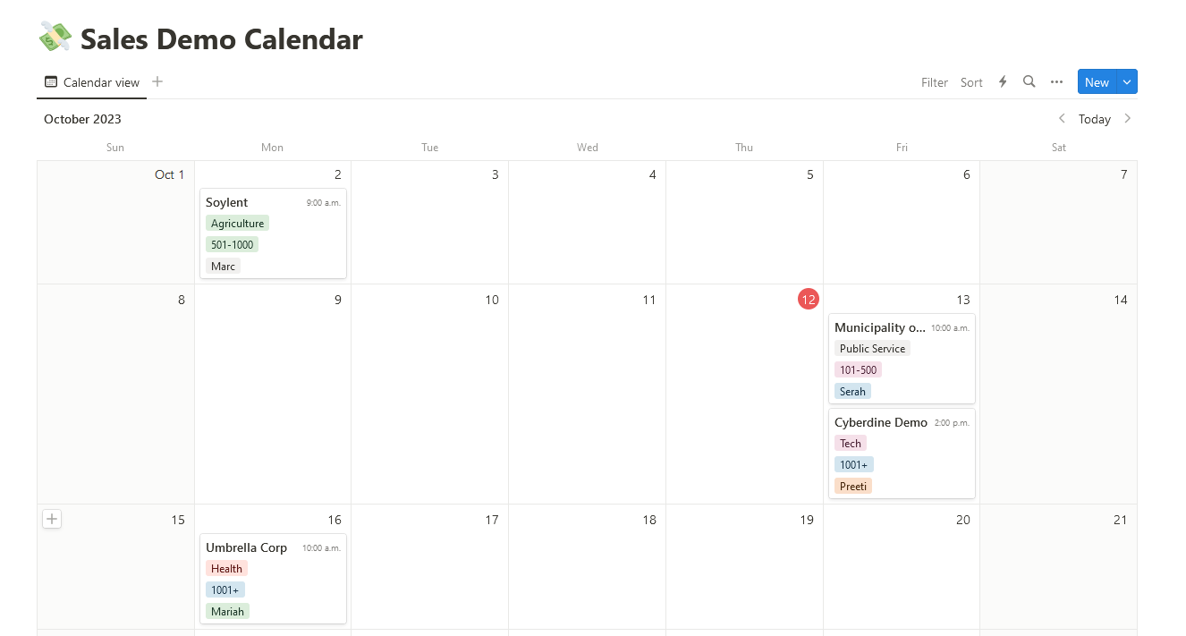 A screenshot of a Notion calendar labeled Sales Demo Calendar
