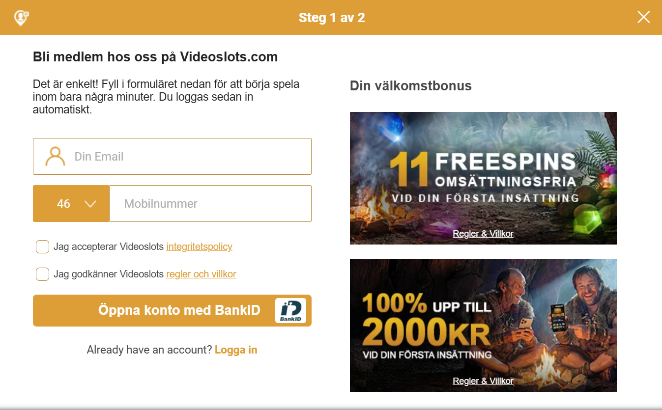 Registering hos Videoslots med Välkomstbonus och 11 omsättningsfira freespins.