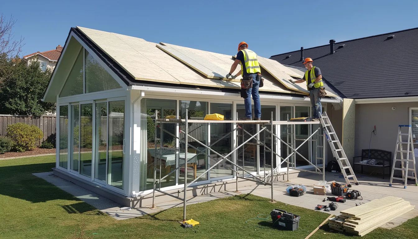 Builders are seen installing roofing panels on a sunroom extension, creating an inviting outdoor space under a clear blue sky. This scene reflects the careful planning and quality materials involved in enhancing living spaces across the Kapiti Coast.