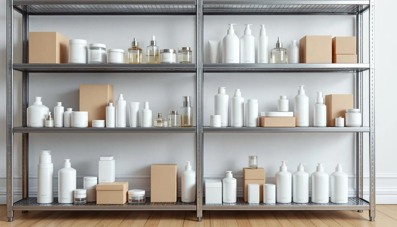 Imagen que muestra productos de belleza de diferentes tamaños organizados de manera ordenada en un sistema de inventario, ideal para salones de belleza. Este sistema de gestión permite a los profesionales del sector mantener un control eficiente de su stock y atender mejor a sus clientes.