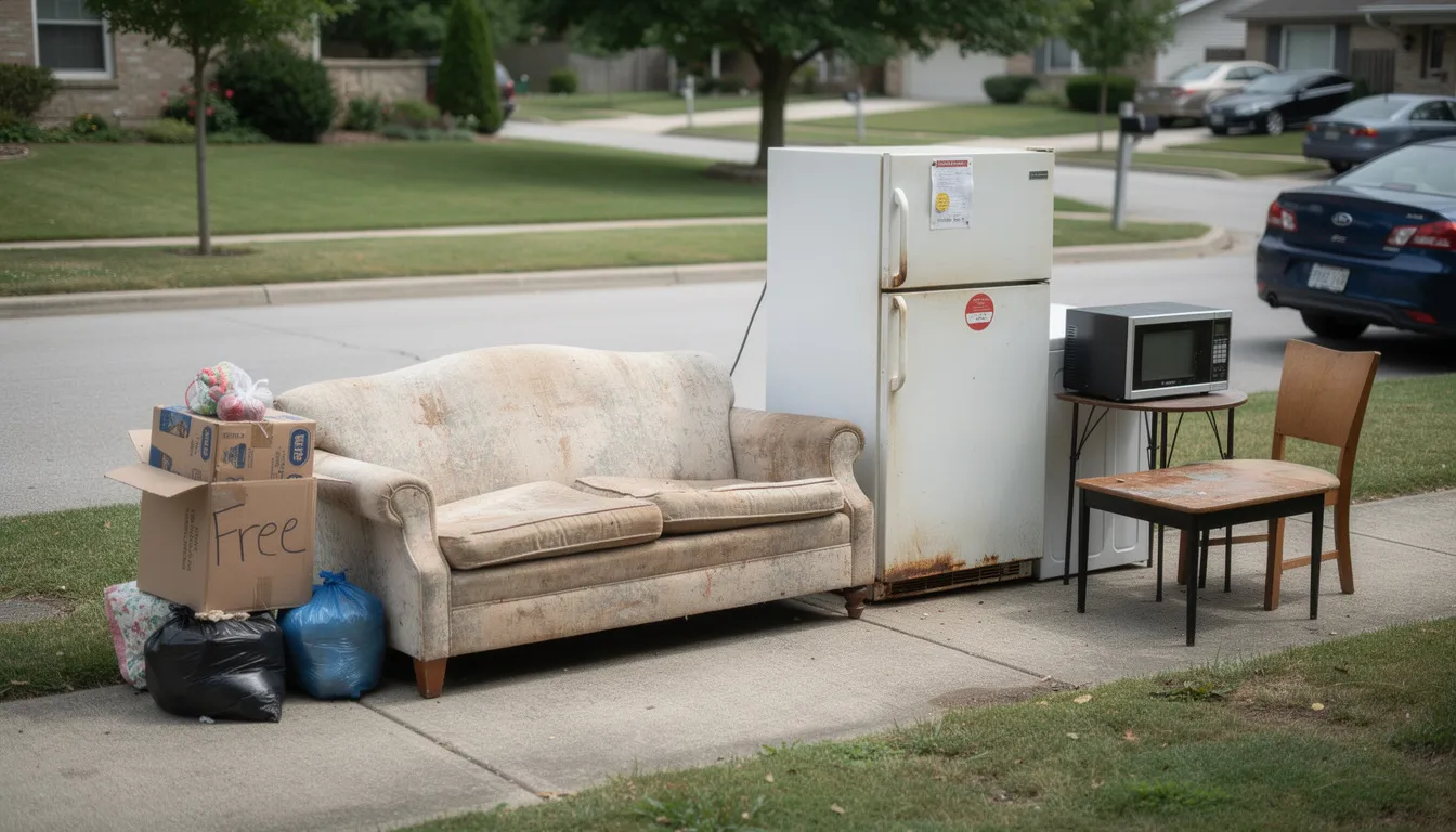 The image shows a variety of unwanted household items and furniture, including an old couch and appliances, neatly arranged for junk removal services. This scene reflects a stress-free process for decluttering, emphasizing the importance of responsible disposal practices and creating a cleaner environment.