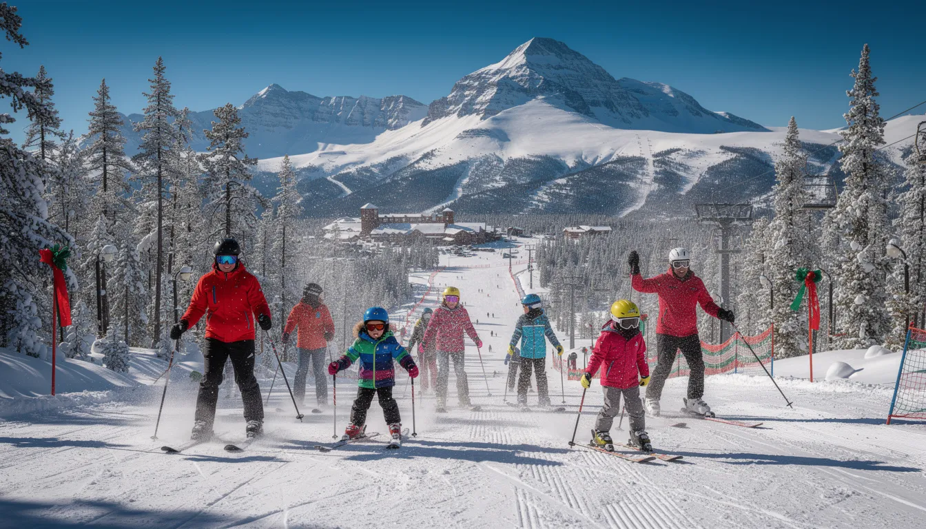 Families enjoy skiing together during the Holiday Run event at Brian Head Resort, with picturesque mountain peaks in the background, creating a festive atmosphere filled with holiday cheer. The scene captures visitors in colorful holiday outfits, surrounded by the stunning landscape of Utah's Cedar Breaks National Monument.