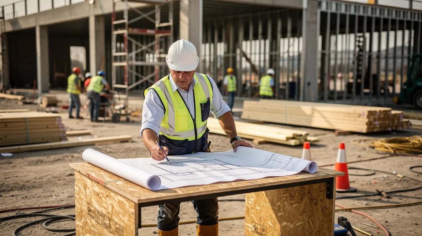 A construction project manager is intently reviewing blueprints and plans on a commercial job site, surrounded by skilled construction workers engaged in various tasks in the background. This scene highlights the collaboration and dedication required in the construction industry, emphasizing the importance of quality workmanship and training for success in construction jobs.