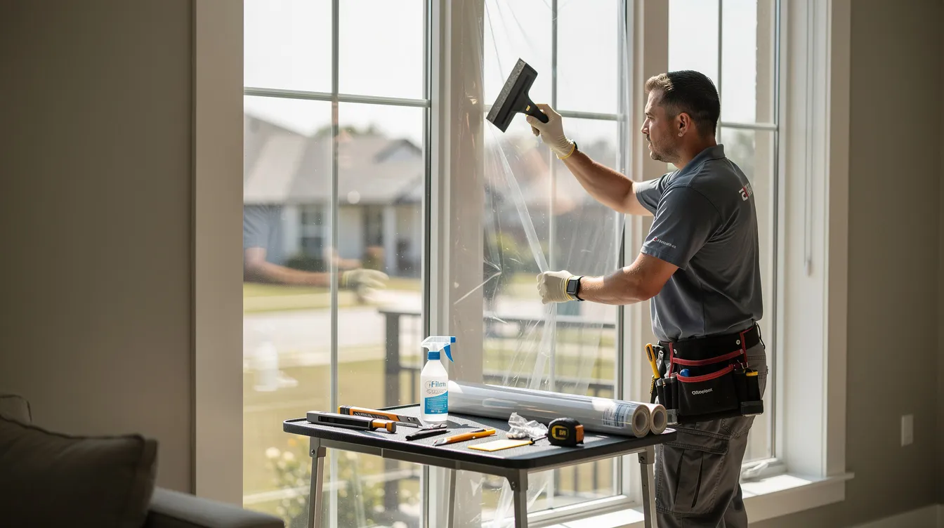 A professional installer is meticulously applying window film to a large residential window using specialized tools and a squeegee. This service enhances the energy efficiency and curb appeal of homes, showcasing the expertise and quality materials that franchise owners offer in the home improvement industry.