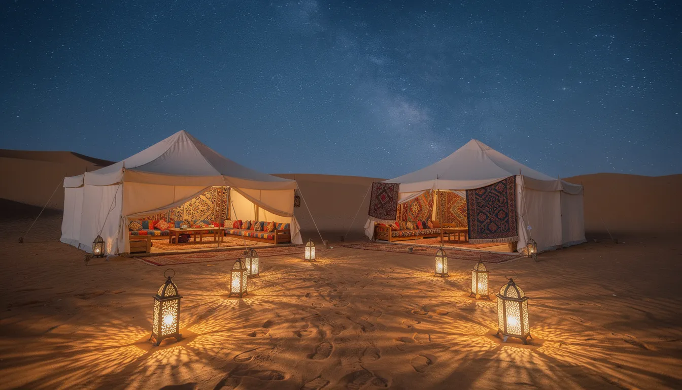 The image depicts a traditional Moroccan desert camp set against a starry night sky, featuring cozy tents and glowing lanterns that illuminate the surrounding sand dunes. This serene scene captures the essence of Moroccan culture and the enchanting atmosphere of the Sahara Desert, inviting nature lovers to experience the beauty of North Africa.