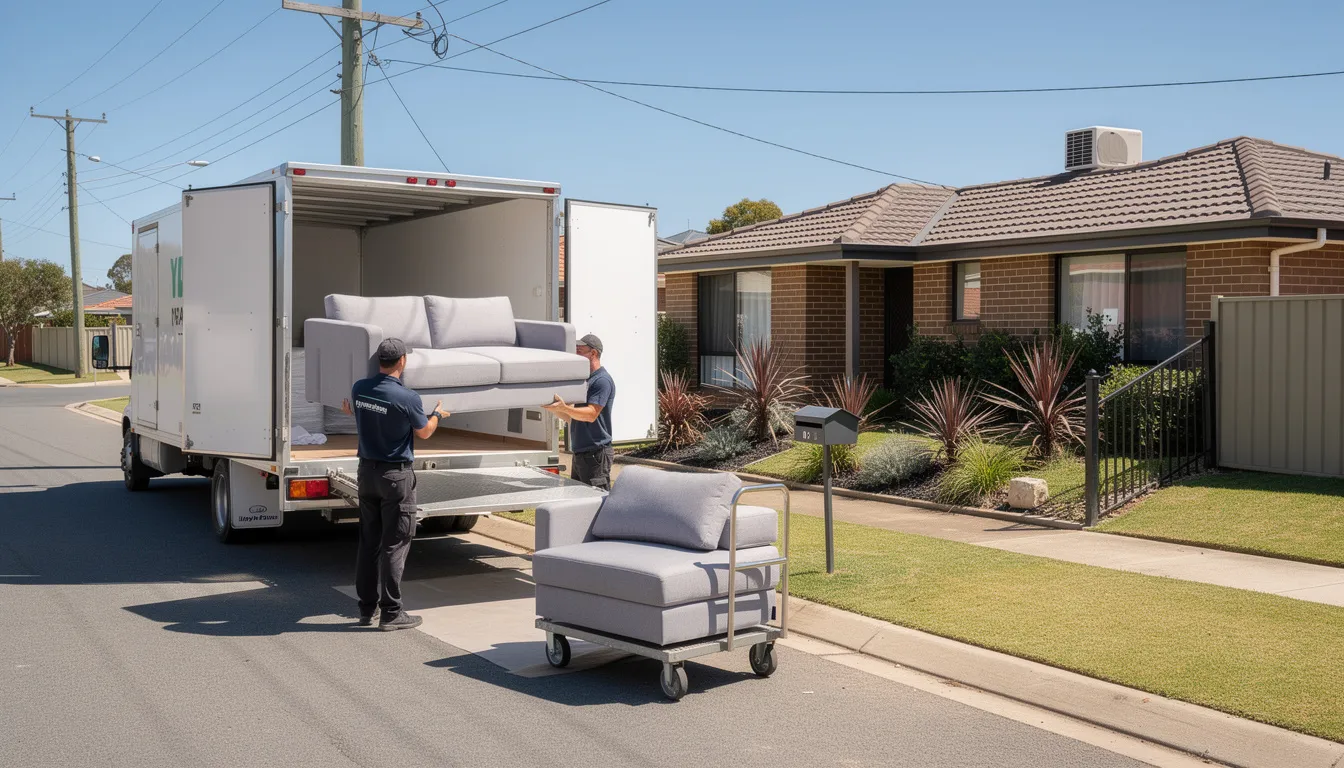 A large modular sofa is being carefully unloaded from a delivery truck in front of a suburban Australian home, showcasing stylish designs and good quality that online furniture stores offer. The scene highlights the fast delivery service associated with online shopping, making it easy for customers to enhance their living space with well-designed furniture.