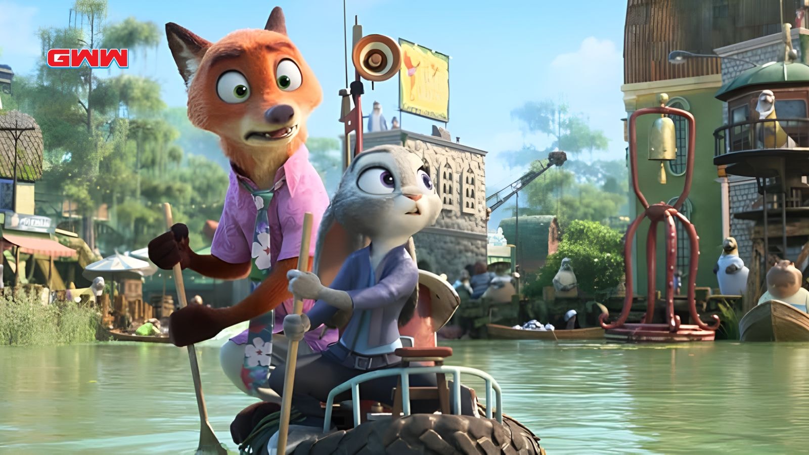 Ginnifer Goodwin as Judy and Jason Bateman as Nick rafting through wetlands in Zootopia 2