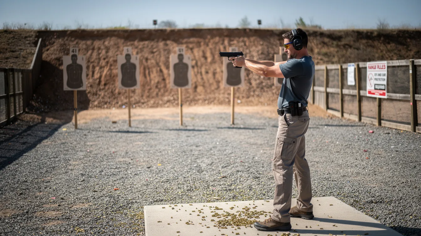 An individual is seen practicing safe firearm handling at an outdoor shooting range, demonstrating responsible techniques while adhering to gun laws and regulations. The scene emphasizes the importance of public safety and proper training for those who bear arms.