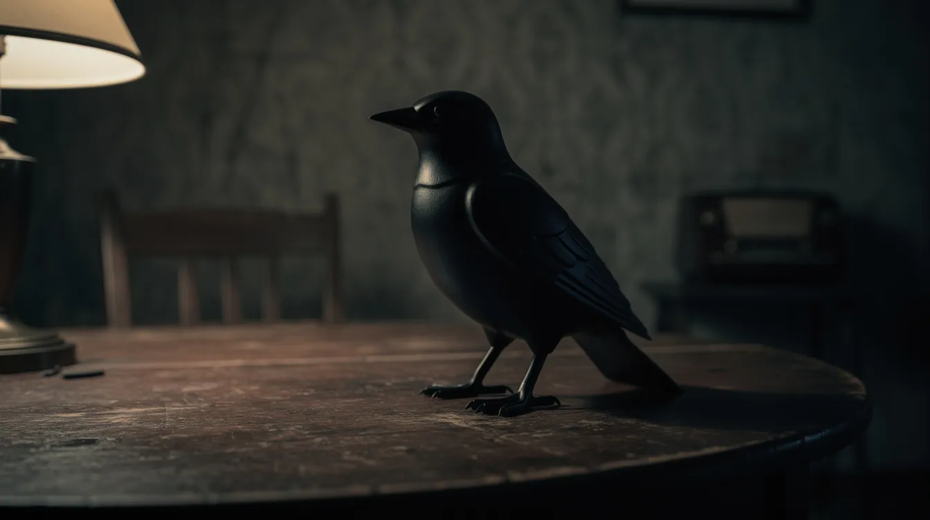 Die dunkle Nahaufnahme zeigt eine stilisierte schwarze Vogelskulptur, die auf einem Holztisch steht, umgeben von Schatten und schwachem Lampenlicht, was an die Atmosphäre des Film Noir erinnert. Diese Szene könnte leicht mit dem berühmten "Malteser Falken" assoziiert werden, einem ikonischen Symbol aus Dashiell Hammetts Roman und dem gleichnamigen Film.