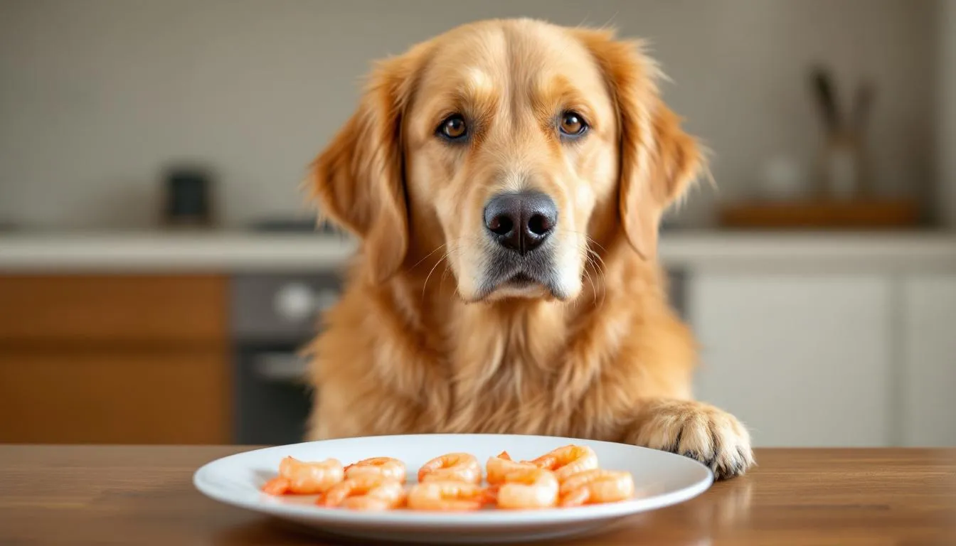 A golden retriever sits next to a plate of properly cooked, peeled shrimp, looking curiously at the seafood. This image highlights the potential for dogs to enjoy shrimp as a special treat, emphasizing the importance of serving it in a safe and properly prepared manner.