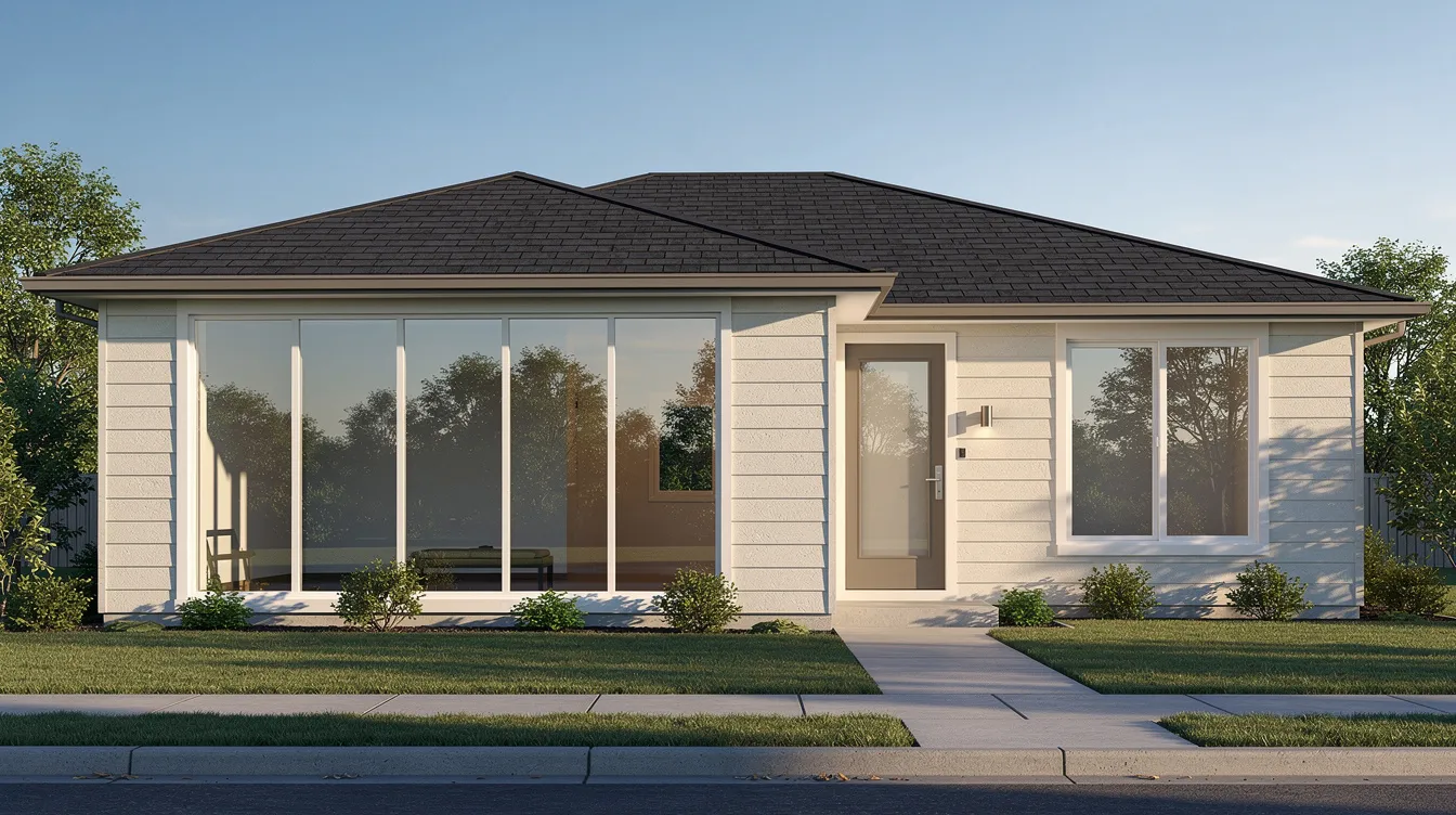 The image depicts the front of a single-story home featuring a large, beautiful triple pane glass window, designed to enhance energy efficiency and allow natural light to flood the interior. The exterior showcases a sleek frame, highlighting the durability and aesthetic appeal of the new window installation.