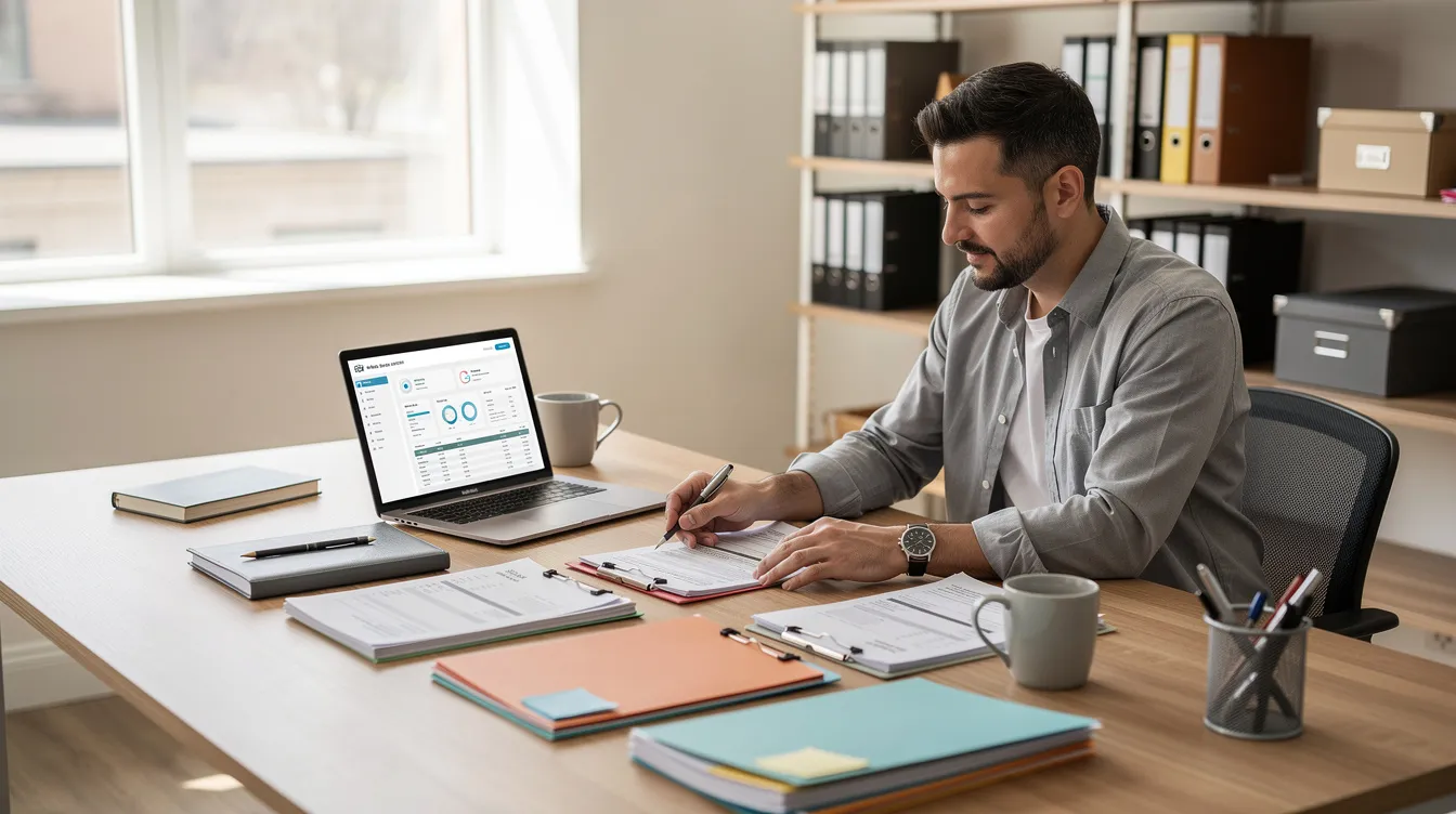 2cd67723 fe67 40a2 b07d e963ef82ee2f A small business owner is organizing various documents and files on a desk, with a laptop open, preparing essential paperwork such as mudra loan documents and income proof for potential financial institutions. The scene reflects the diligent process of managing business affairs, essential for securing personal loans and expanding micro enterprises.