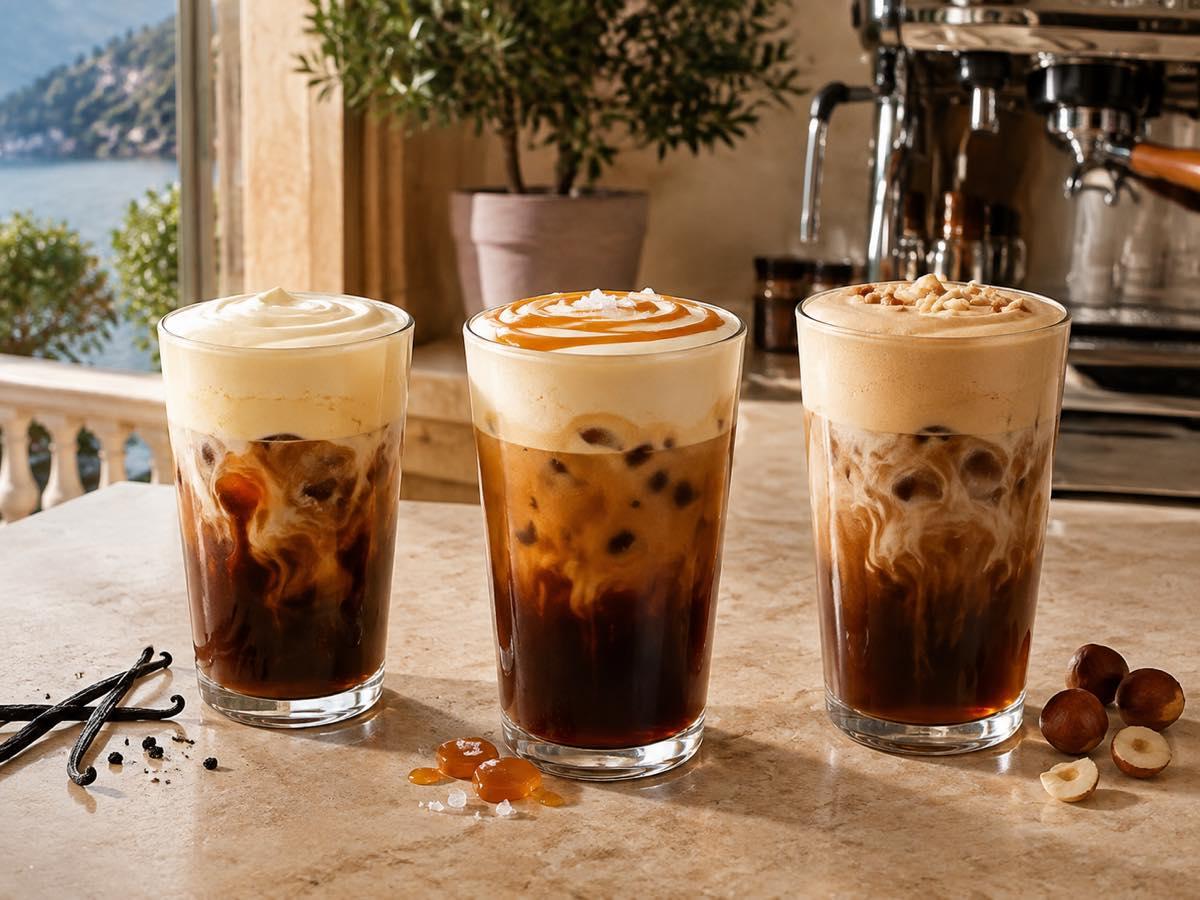 Vanilla, salted caramel, and toasted hazelnut cold foam iced coffees