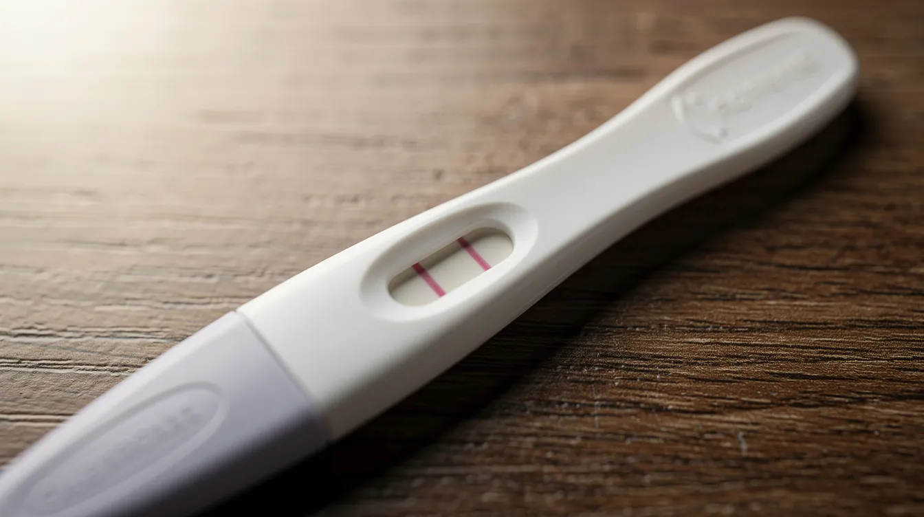 Un test de grossesse positif est posé sur une table en bois, montrant une bandelette avec une ligne marquée, indiquant la présence de l'hormone hCG. Ce moment peut être un instant d'excitation pour les femmes qui souhaitent concevoir et vérifier leur cycle de fertilité.