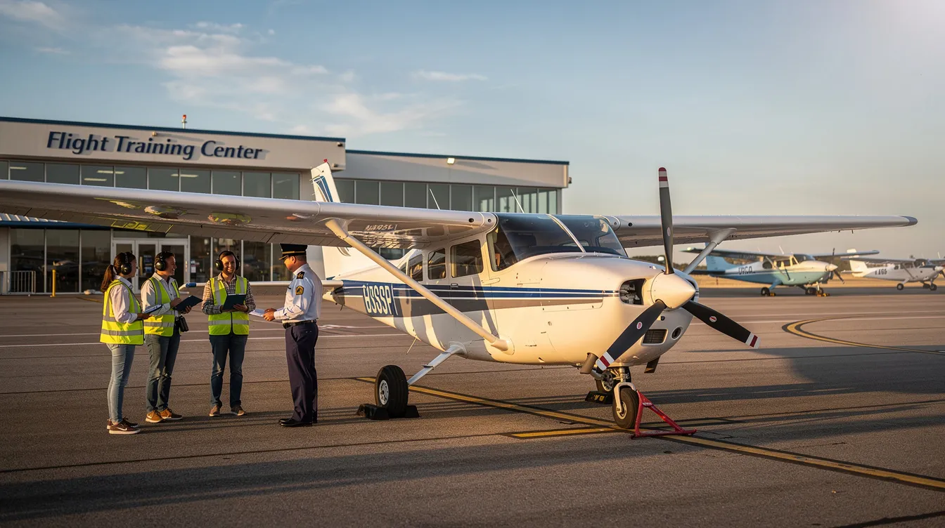 The image depicts a single-engine Cessna aircraft parked on a flight school tarmac, with student pilots gathered nearby, engaged in flight training. This scene captures the essence of aspiring pilots preparing for their journey towards obtaining a private pilot license or commercial pilot license.