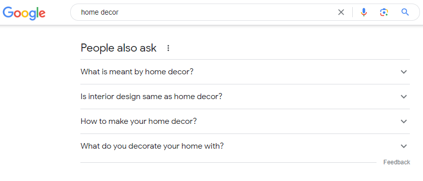 "People Also Ask" section of the query "home decor"