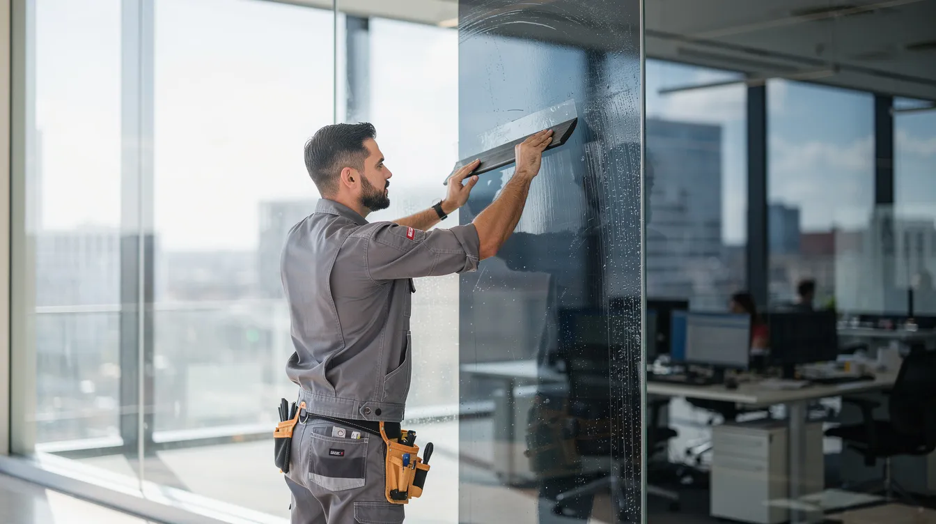A technician is seen applying solar control window film to a large glass panel in a commercial setting, with bright sunlight streaming through. This service not only enhances energy efficiency for large businesses but also represents a viable business opportunity within the services franchises sector.