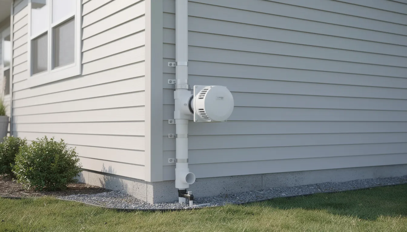 The image shows a white PVC radon vent pipe running vertically along the exterior of a residential home, with an inline fan clearly visible. This setup is part of a radon mitigation system designed to reduce exposure to radon gas, a radioactive gas linked to lung cancer.
