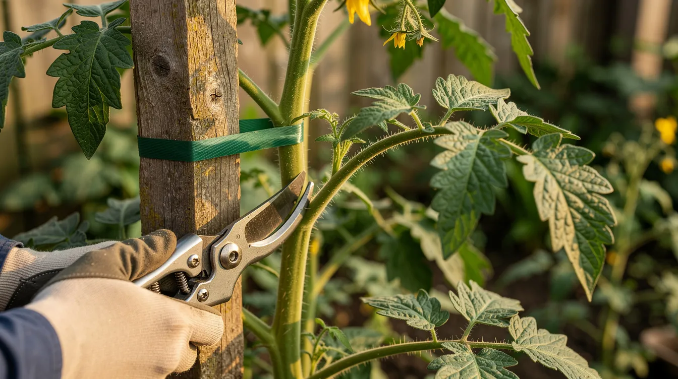 A gardener is using bypass pruners to trim a sucker from a tall indeterminate tomato plant that is staked to a wooden support. This pruning method helps redirect the plant's energy towards healthier growth and improved fruit production, ensuring better yields of larger heirloom tomatoes.