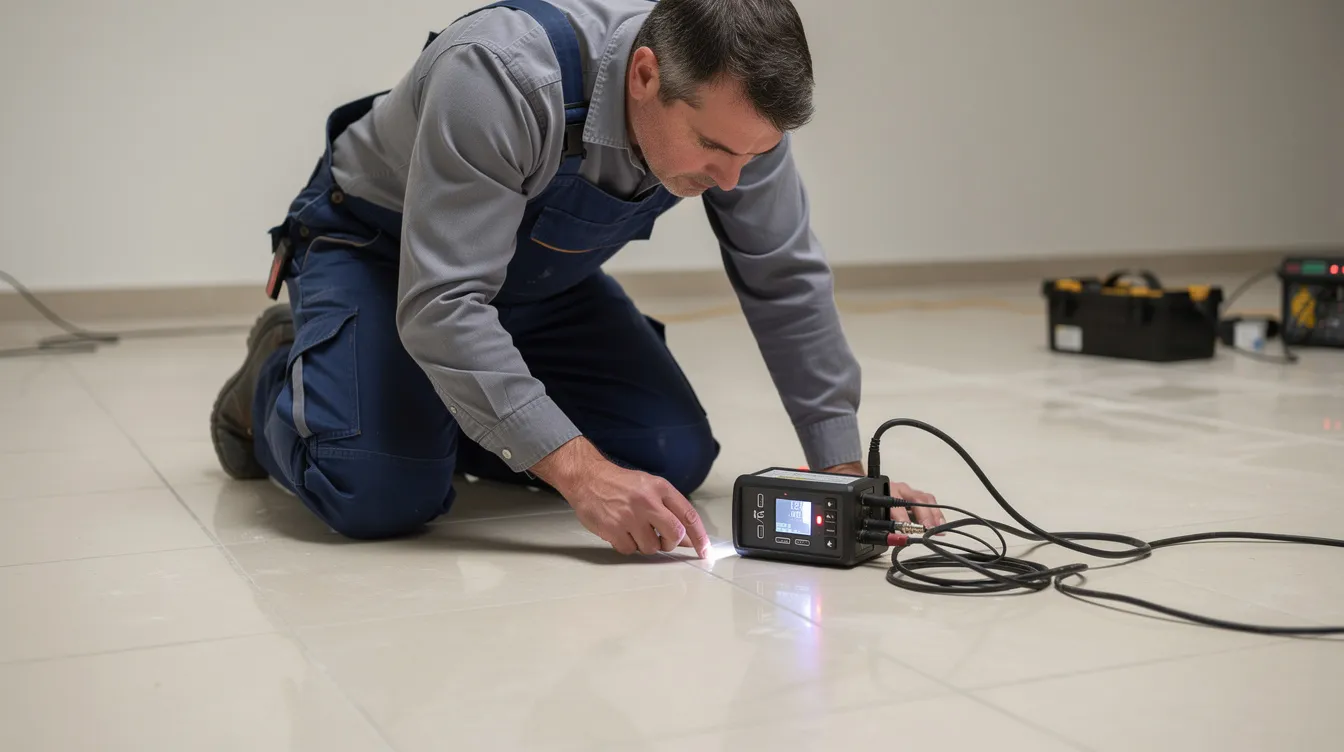 A technician kneels on a clean tile floor, using electronic detection equipment to assess plumbing issues. This skilled professional is dedicated to providing specialized residential plumbing services, ensuring a smoothly functioning plumbing system for homes.