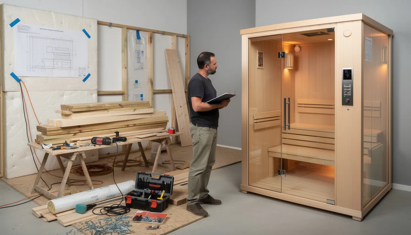 The image depicts a person evaluating different sauna installation options, with basic tools and materials on one side representing a DIY sauna kit, and a finished prefab sauna unit on the other side showcasing the convenience of prefabricated saunas. This visual comparison highlights the choices between custom-built saunas and pre-built options, emphasizing factors like installation process, material quality, and personal preferences.