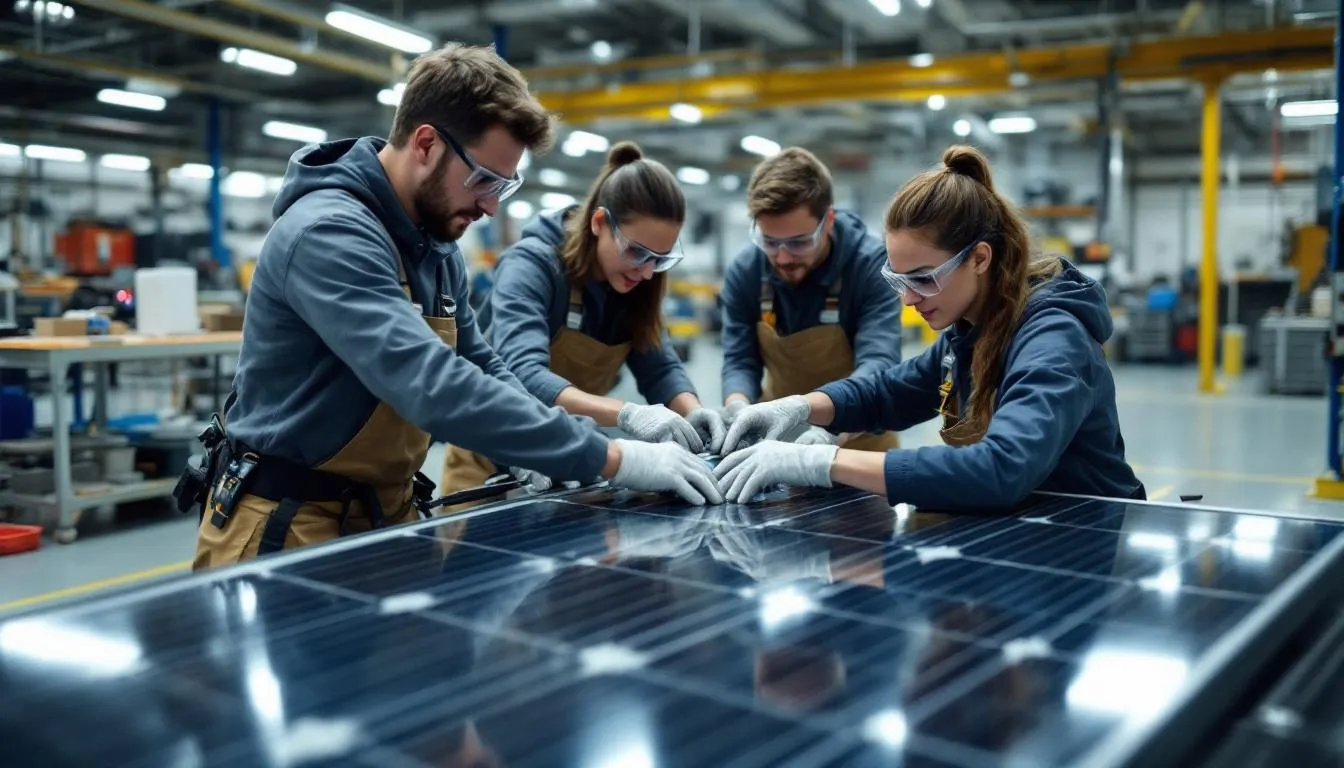 Des étudiants en formation technique travaillent activement sur des panneaux solaires dans un atelier, apprenant les principes de l'énergie solaire photovoltaïque. Cette expérience pratique les prépare à contribuer à la transition vers des énergies renouvelables au Québec.