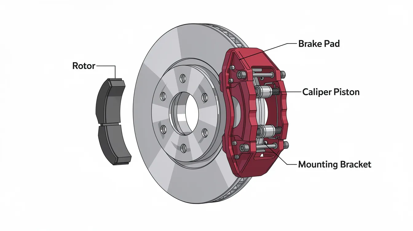 The image is a diagram illustrating the brake caliper assembly, clearly labeled with components such as the brake pads, rotor, and caliper. It highlights the essential parts of a vehicle's brake system, providing insight into how ceramic brake pads and other friction materials work together to ensure reliable stopping power.