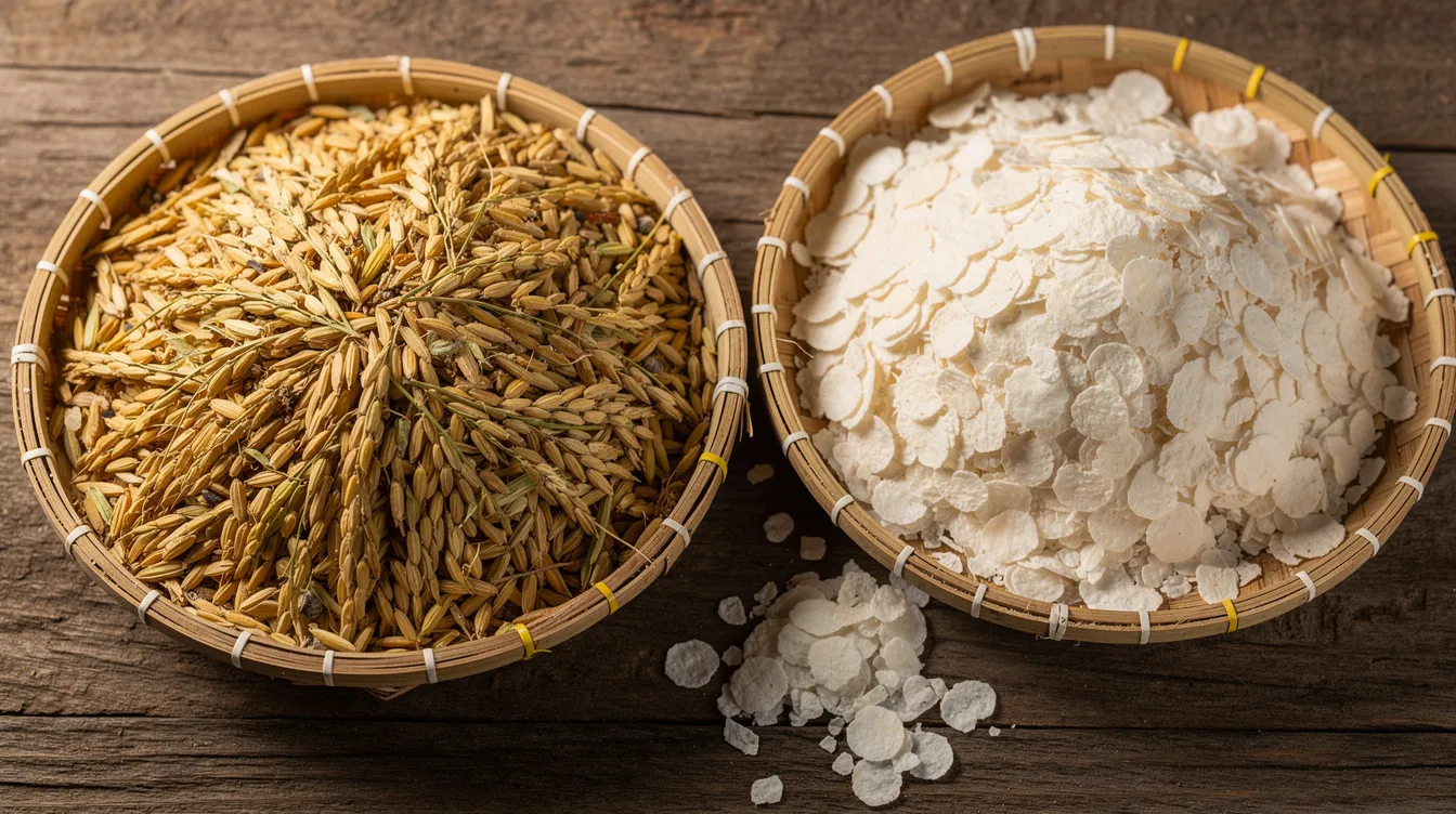 2ce2df90 1b0c 4393 b4ed faf21e986373 The image shows raw paddy grains next to finished poha rice flakes, both displayed in traditional woven baskets, highlighting the contrast between the raw material and the processed product in the poha manufacturing process. This visual representation emphasizes the importance of raw material sourcing and the transformation involved in food processing.