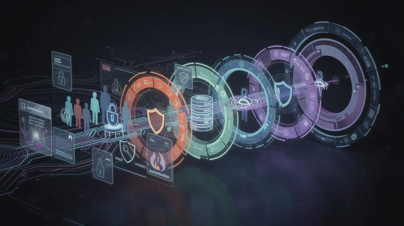 The image depicts a horizontal cybersecurity illustration featuring role-based access layers that safeguard enterprise systems, with authentication nodes and security shields protecting sensitive data flows. The dark cyber environment is illuminated by glowing network lines, emphasizing the importance of identity and access management in ensuring secure user access and controlling access permissions.