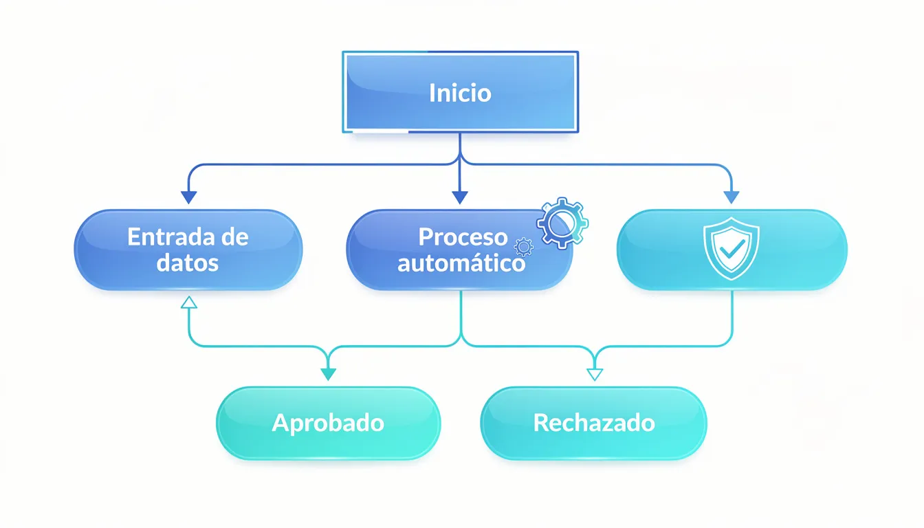 Diagrama de flujo automatizado que ilustra la conexión entre diferentes procesos mediante iconos digitales y flechas, destacando cómo la inteligencia artificial (IA) puede optimizar la productividad del equipo en empresas y organizaciones al facilitar la automatización de tareas y la toma de decisiones.