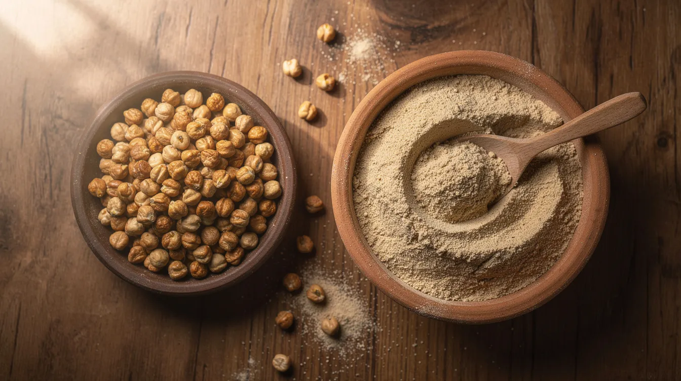 The image shows traditional bowls filled with roasted Bengal gram and sattu flour, placed on a wooden surface. This presentation highlights the raw materials used in the sattu manufacturing process, a popular traditional Indian food product known for its high nutritional value.