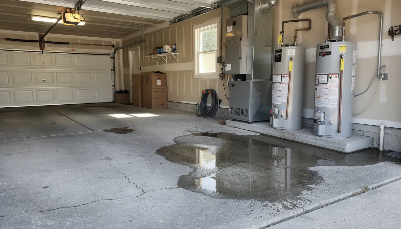 The image depicts a residential garage with water pooling on the concrete floor, adjacent to an electric water heater and other utility equipment. The standing water suggests a potential leak from the water heater, posing a risk of flood damage and further structural integrity issues in the house.